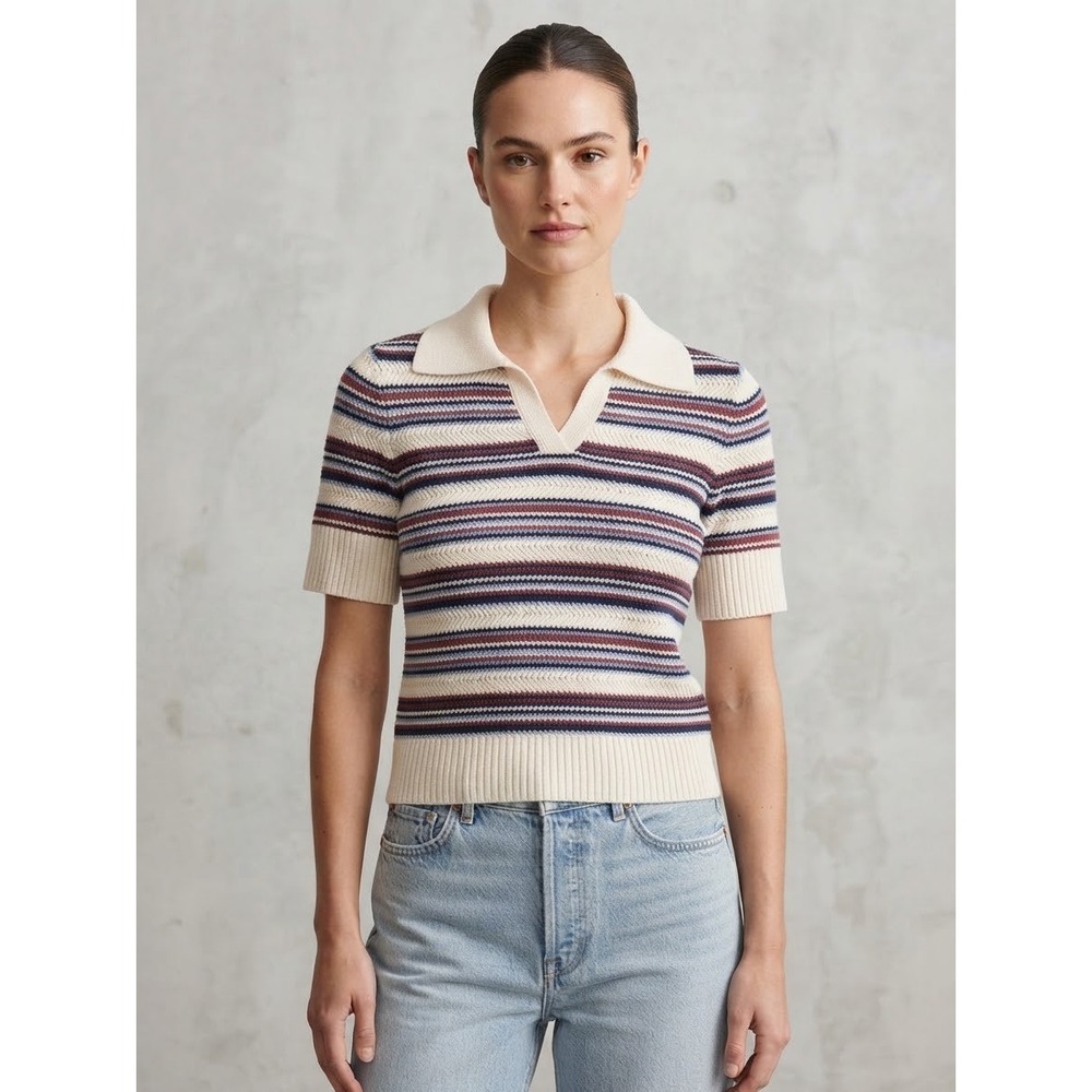 Marled Womens Small Striped Short Sleeve Polo Sweater Cotton Blend Open V-neck